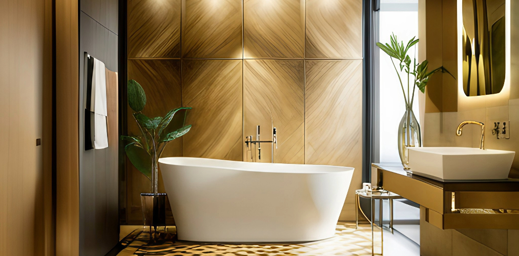 Gold bathroom tiles with bathroom accessories-Beautiful Homes