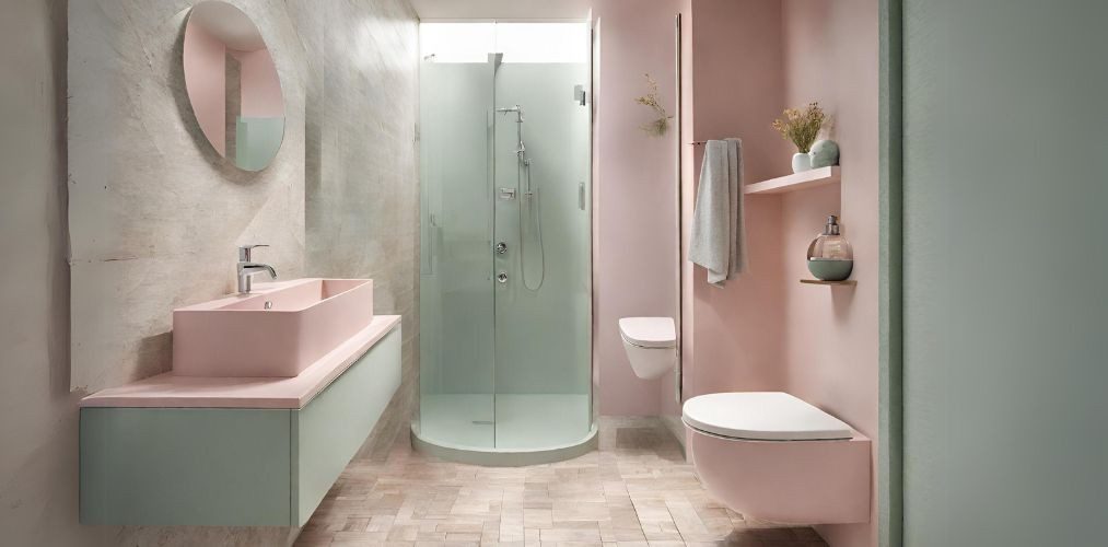 Green and pink pastel bathroom with shower cubicle - Beautiful Homes