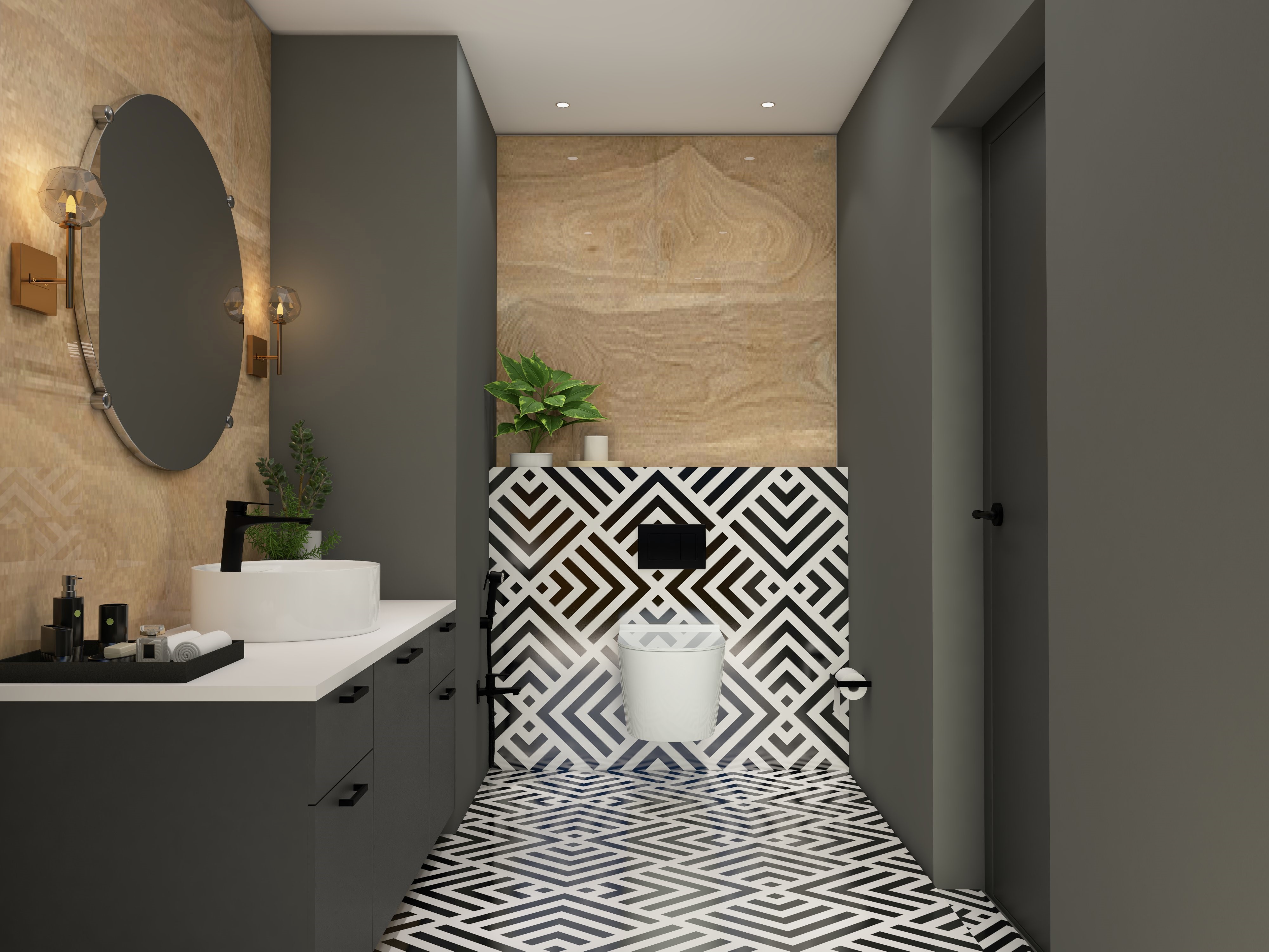 Grey and beige bathroom with white and black patterned tiles