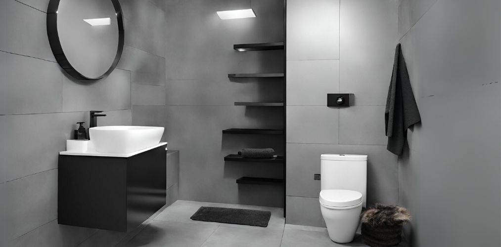 Grey and black simple bathroom with round mirror - Beautiful Homes