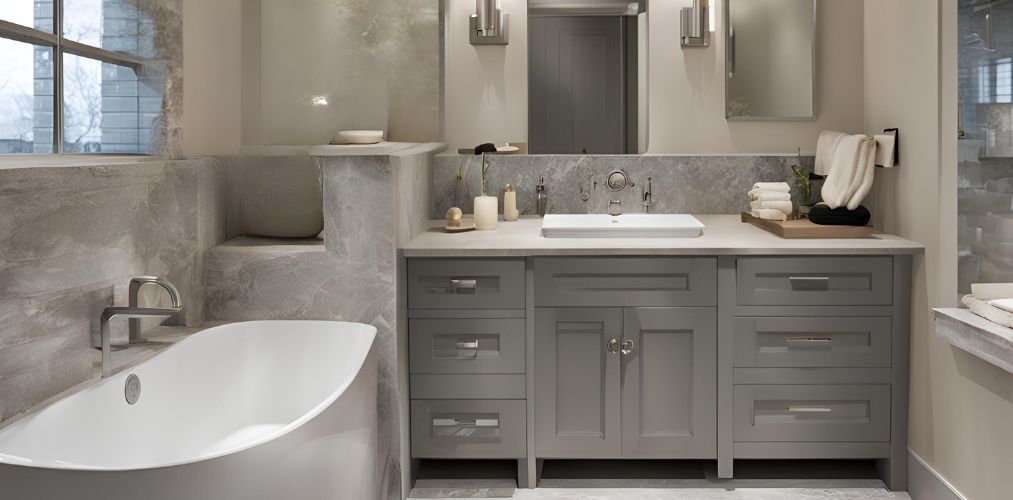 Grey and cream small bathroom with granite countertop - Beautiful Homes