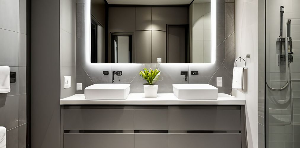 Grey and white bathroom with wash basin and cabinet-Beautiful Homes