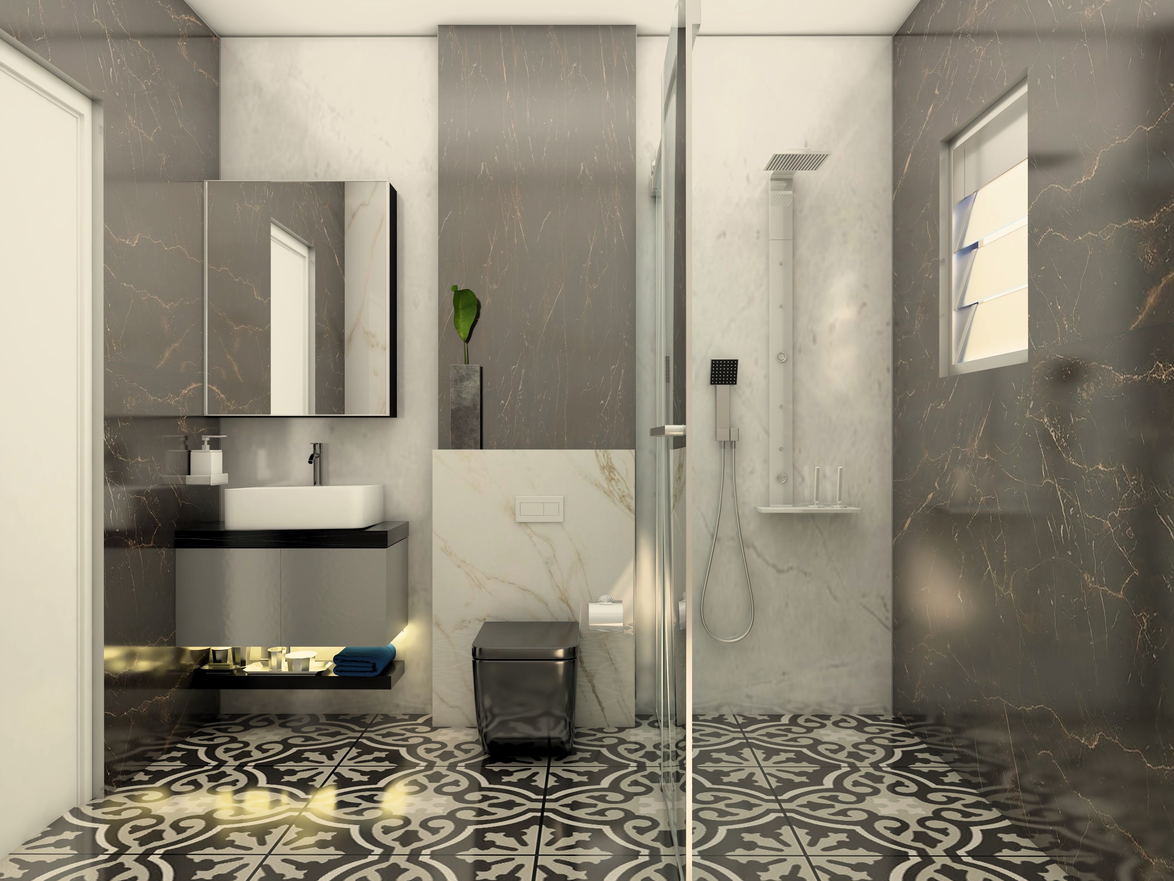 Grey and white luxury bathroom with marble wall tiles and printed floor tiles - Beautiful Homes