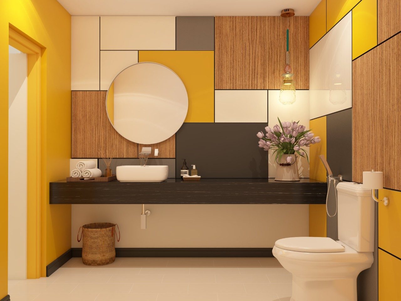 Grey and yellow modern bathroom with wooden finish wall tiles - Beautiful Homes