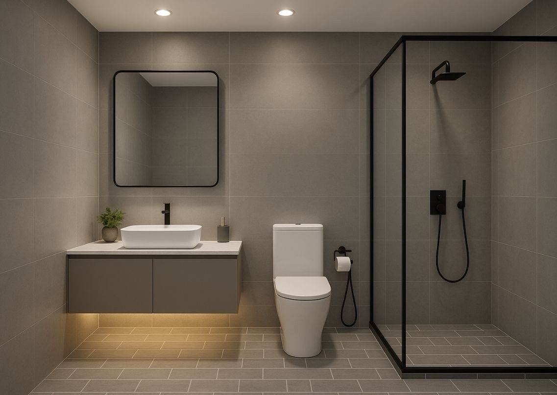 Modern bathroom with walk-in shower and vanity - Beautiful Homes