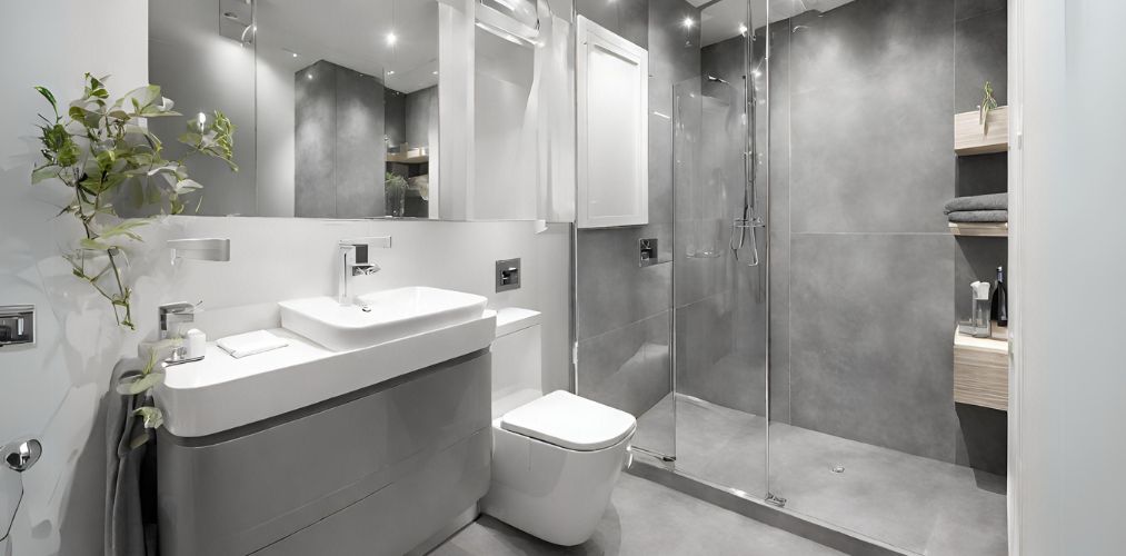 Grey bathroom design with white sanitary fixtures - Beautiful Homes