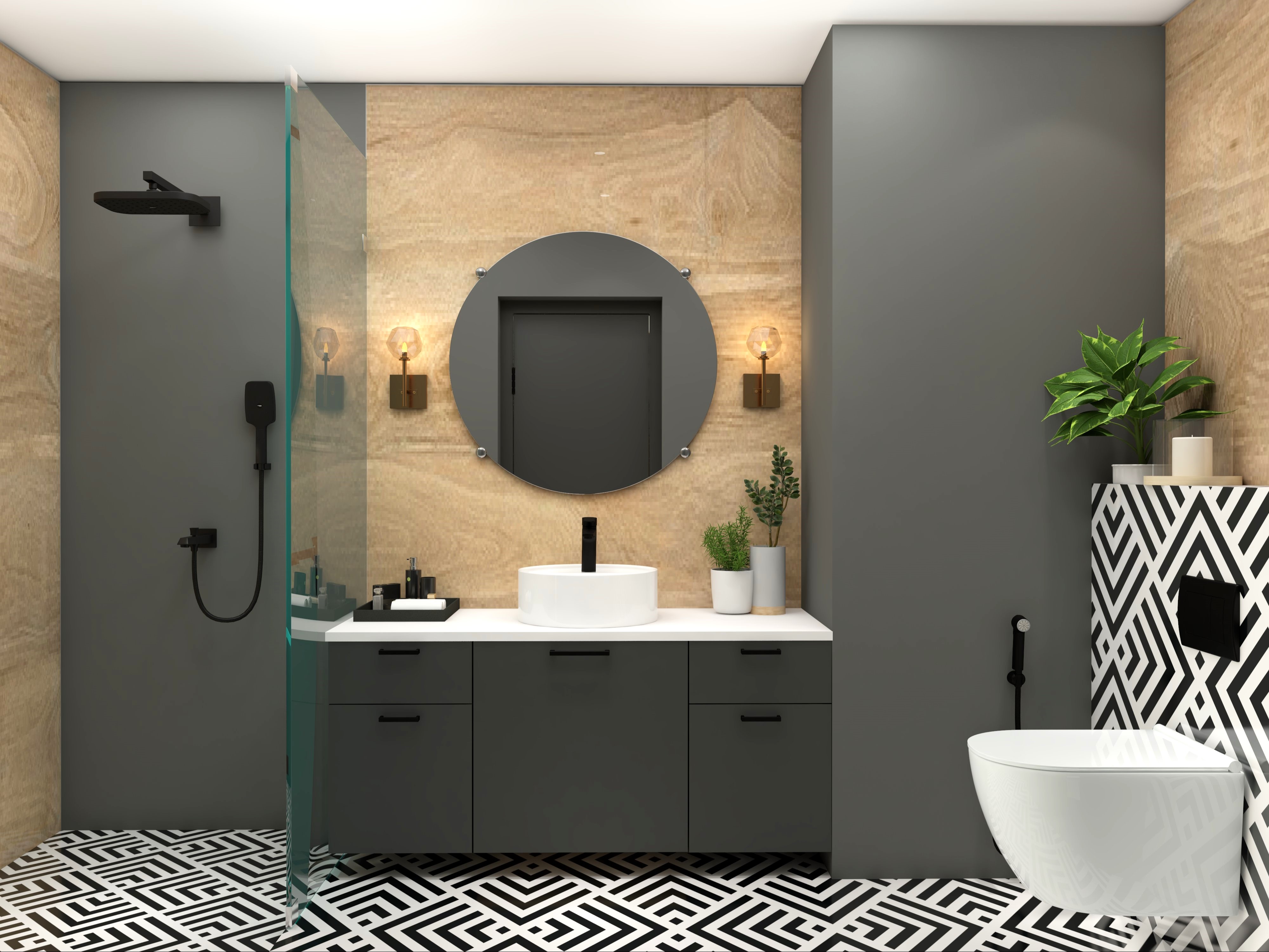 Grey bathroom with beige wall tiles-Beautiful Homes
