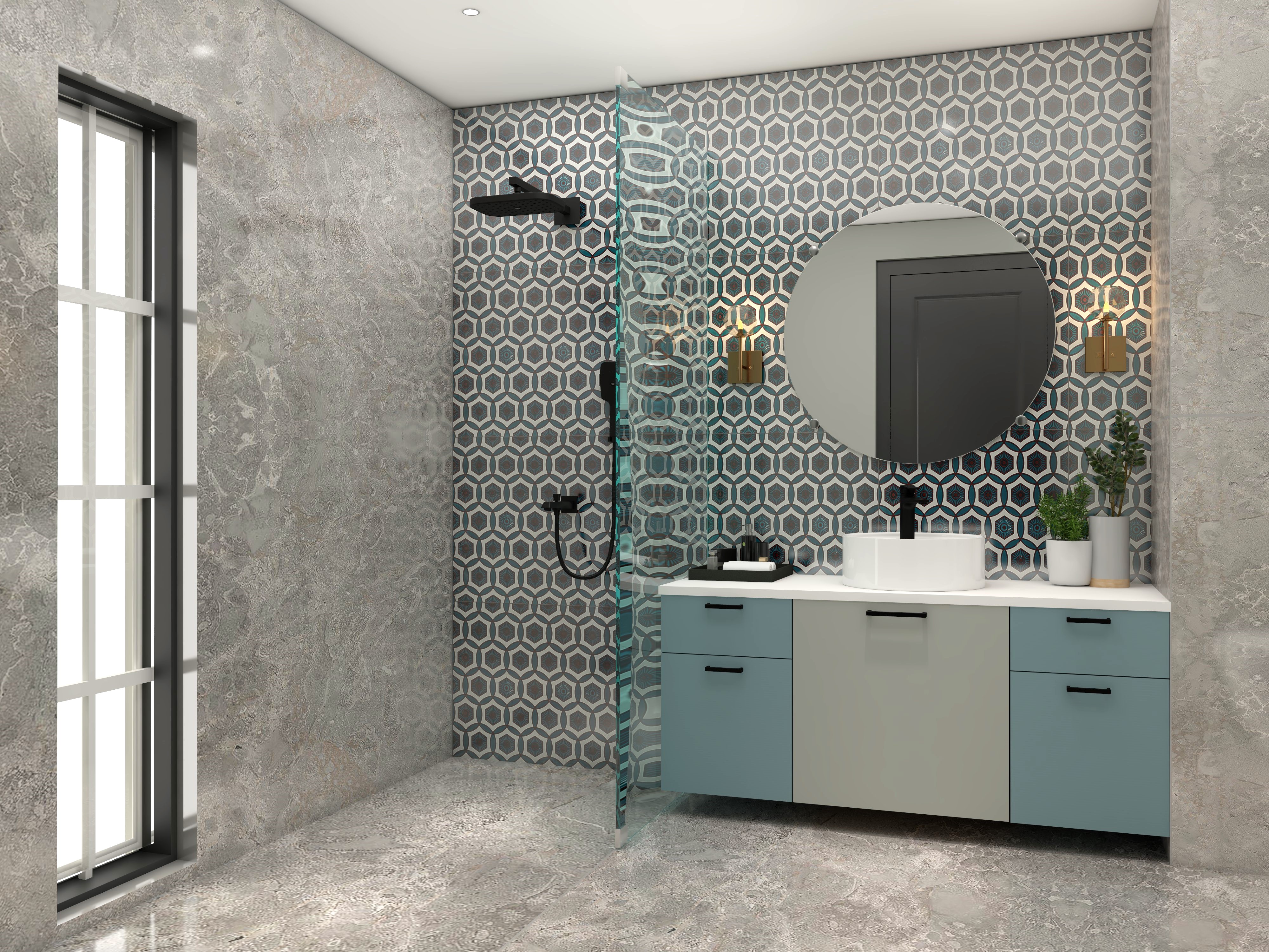 Grey bathroom with modular vanity and circular mirror-Beautiful Homes