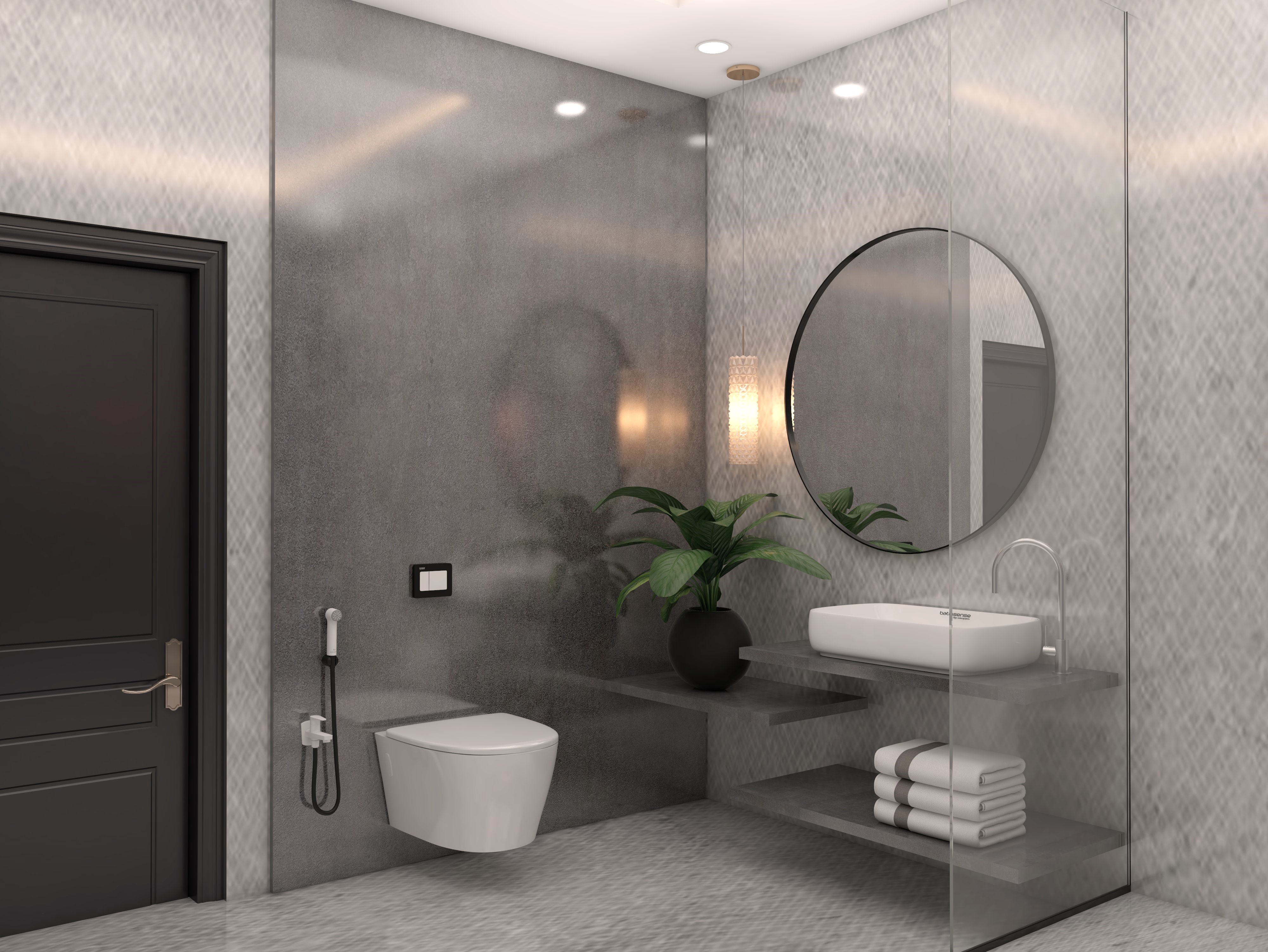 Grey bathroom with pendant light and circular mirror-Beautiful Homes