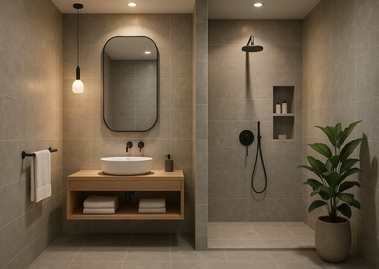 Bathroom with wooden vanity and walk-in shower - Beautiful Homes