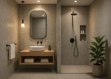 Bathroom with wooden vanity and walk-in shower - Beautiful Homes