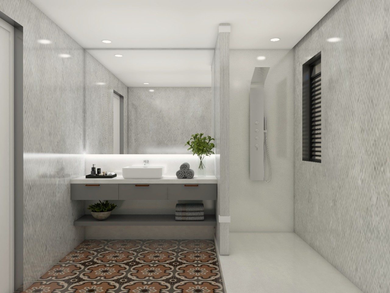 Grey modern bathroom with patterned floor tiles - Beautiful Homes