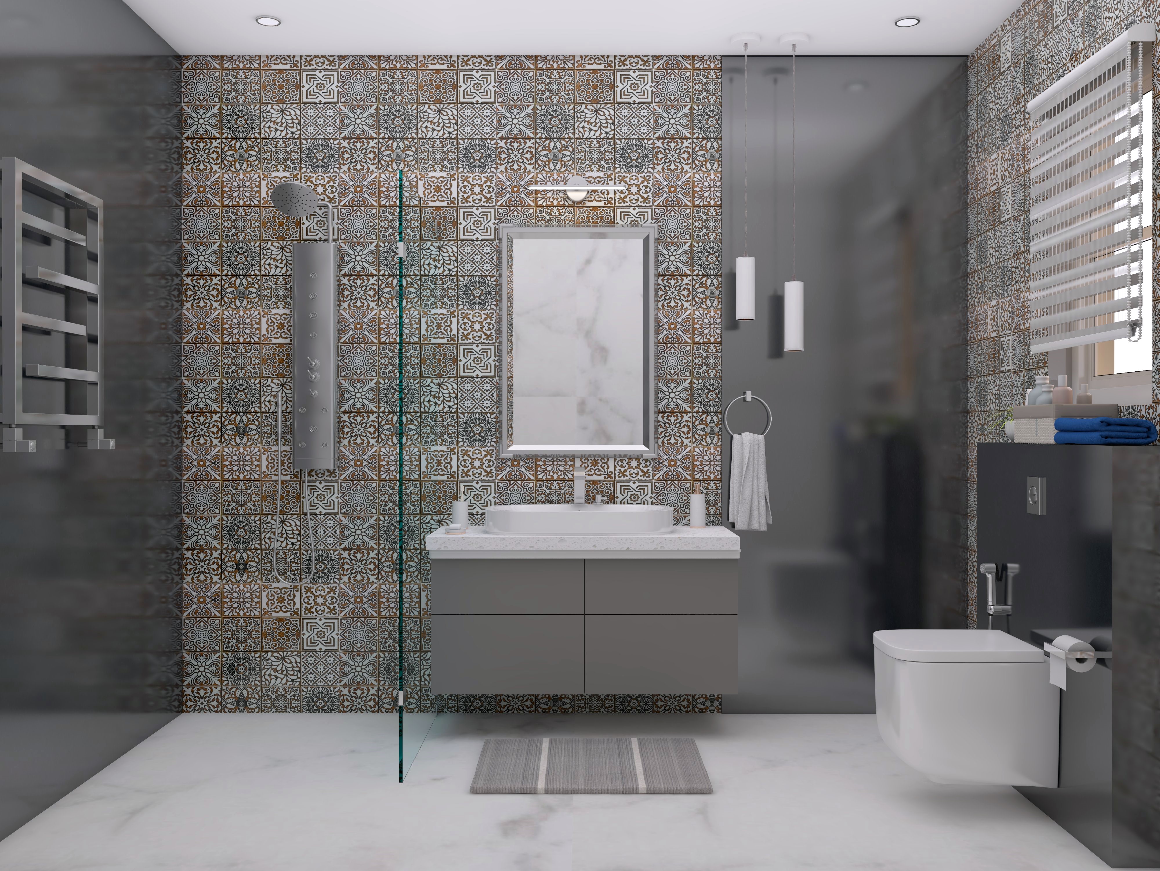 Grey modern bathroom with patterned wall tiles and white marble flooring - Beautiful Homes