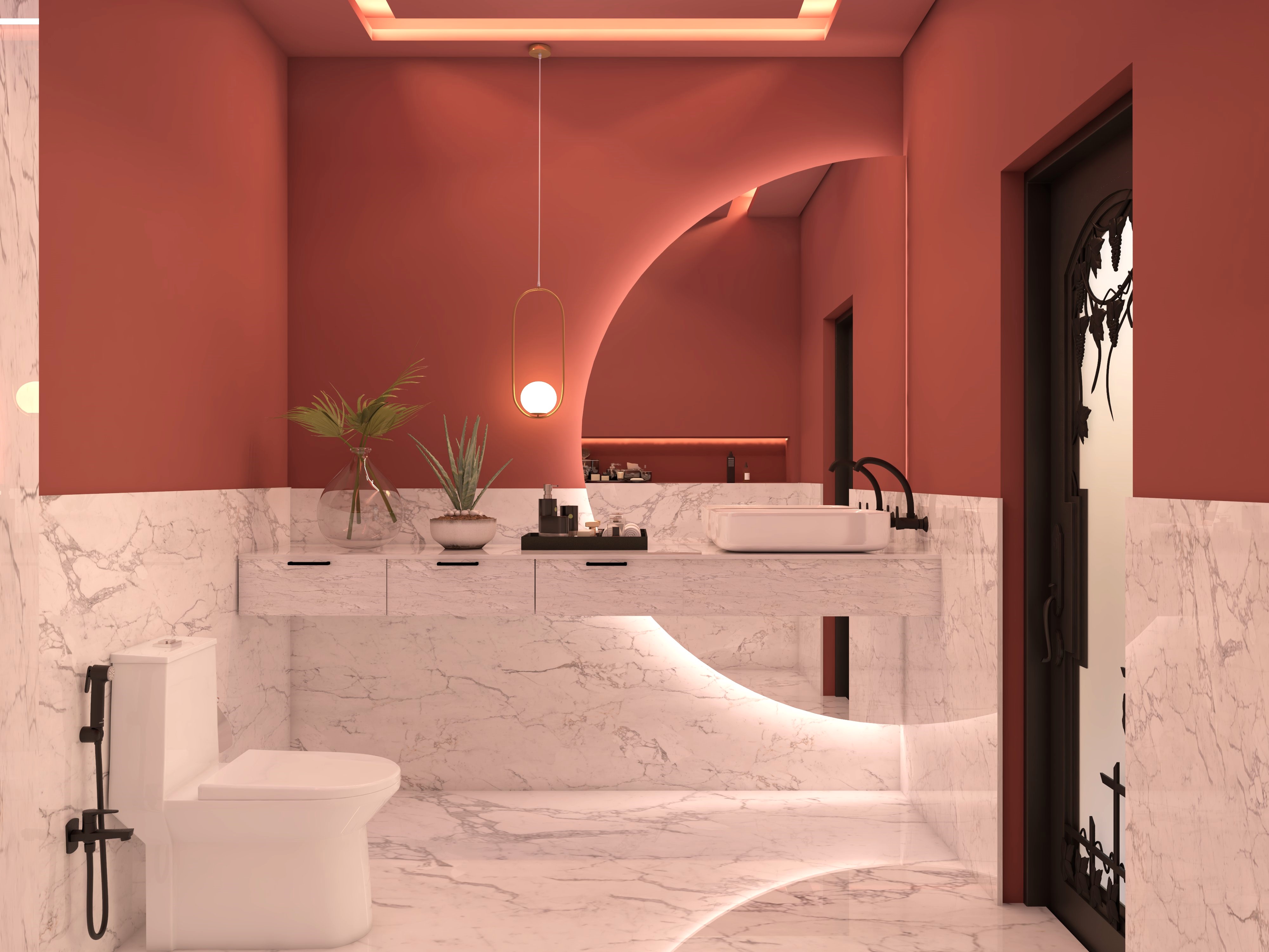 Half and half red bathroom with white marble and semi circular mirror-Beautiful Homes
