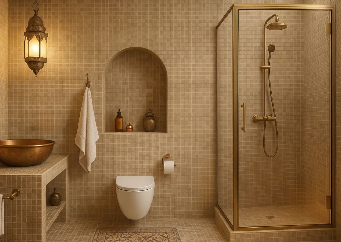 Modern bathroom with gold accents and niche - Beautiful Homes