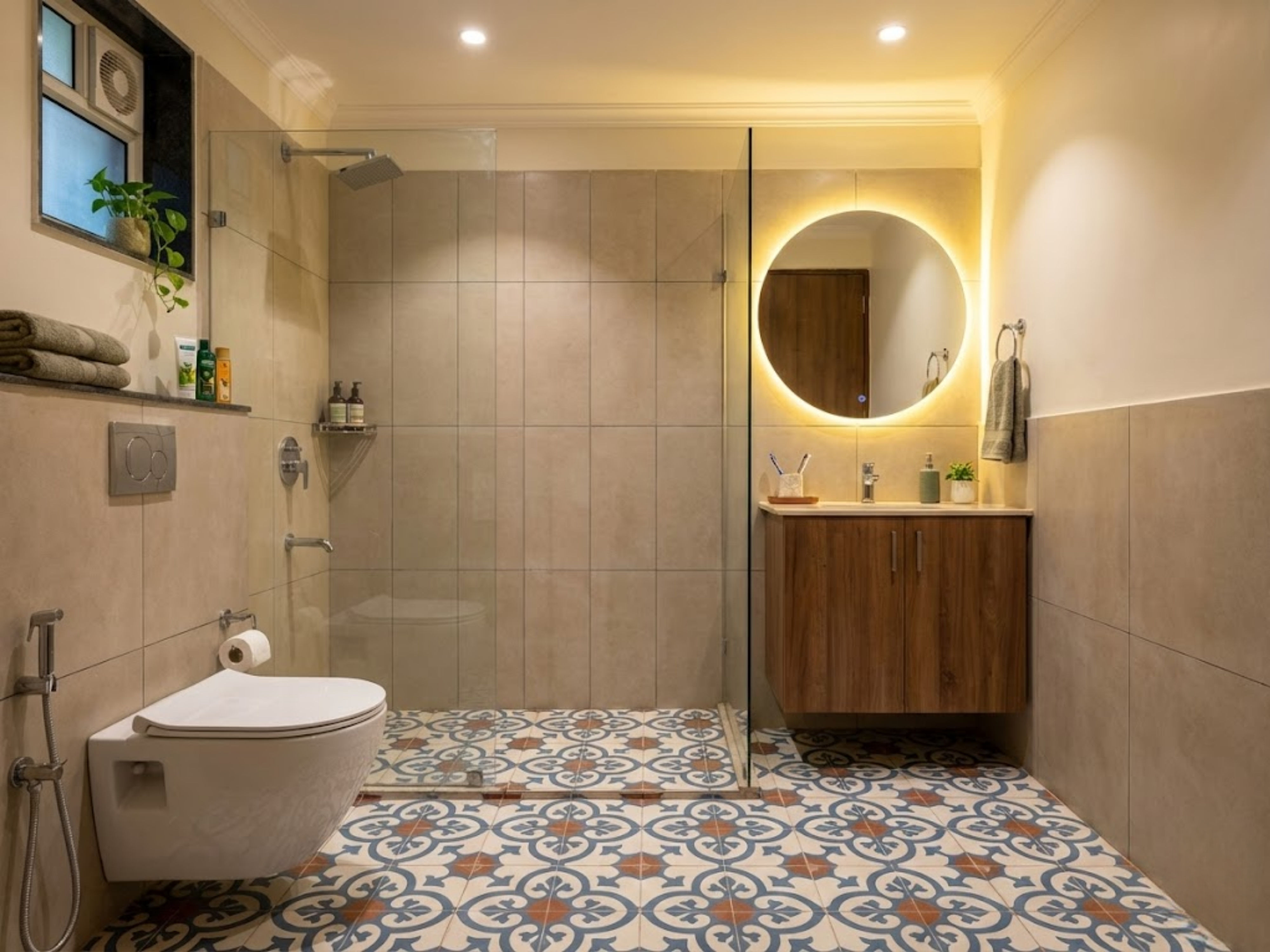 Bathroom with floating vanity and patterned wall tiles - Beautiful Homes