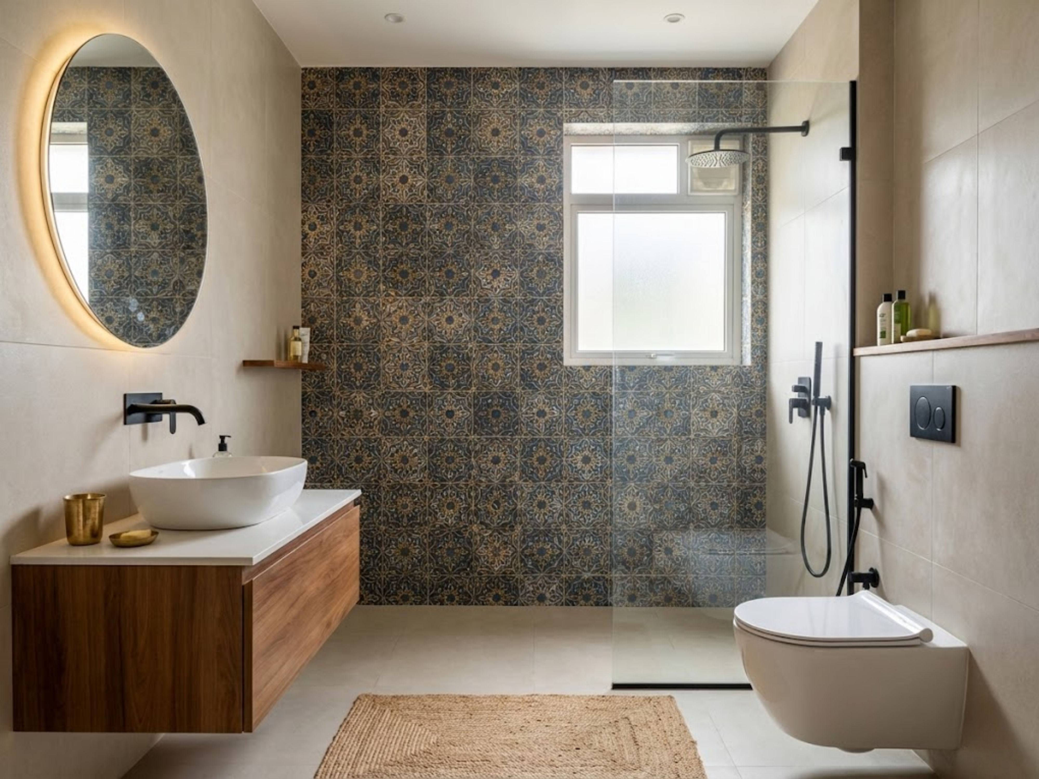 Bathroom with floating vanity and patterned tiles - Beautiful Homes