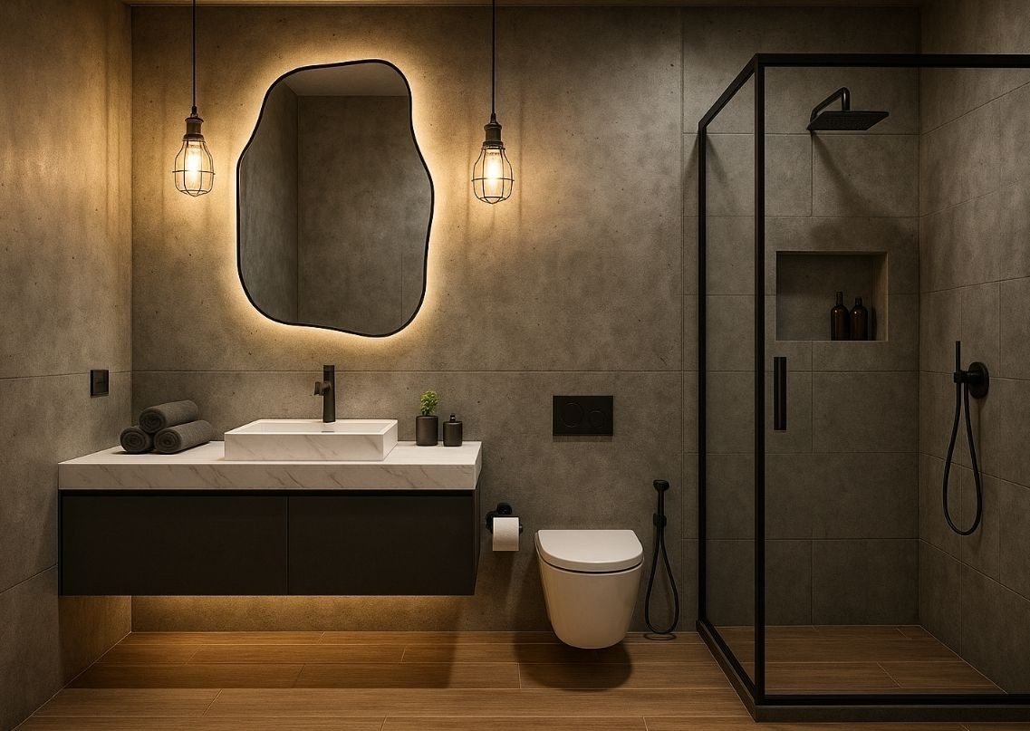 Modern bathroom with grey tiles and shower setup - Beautiful Homes
