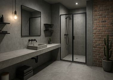 Bathroom with grey tiles and brick wall accent - Beautiful Homes