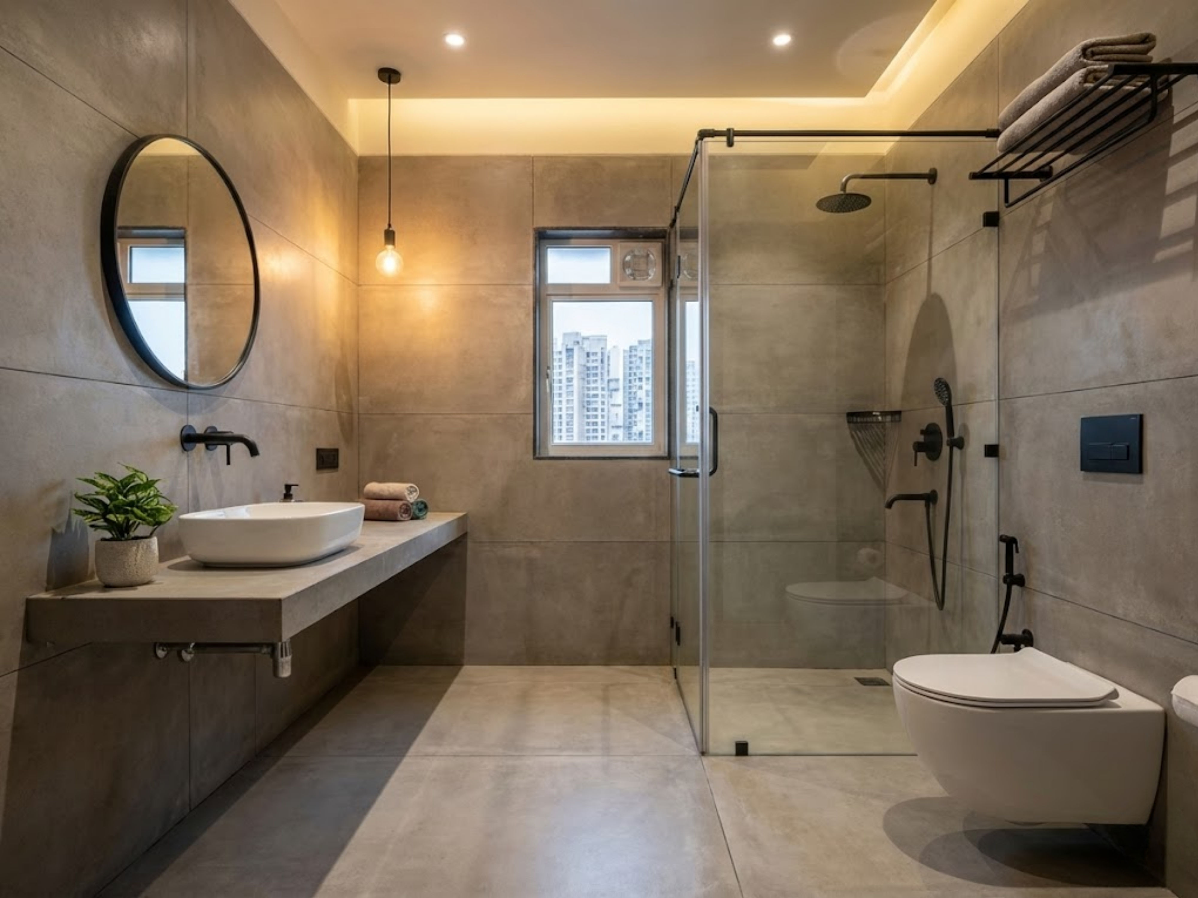 Modern bathroom with glass shower and floating vanity - Beautiful Homes