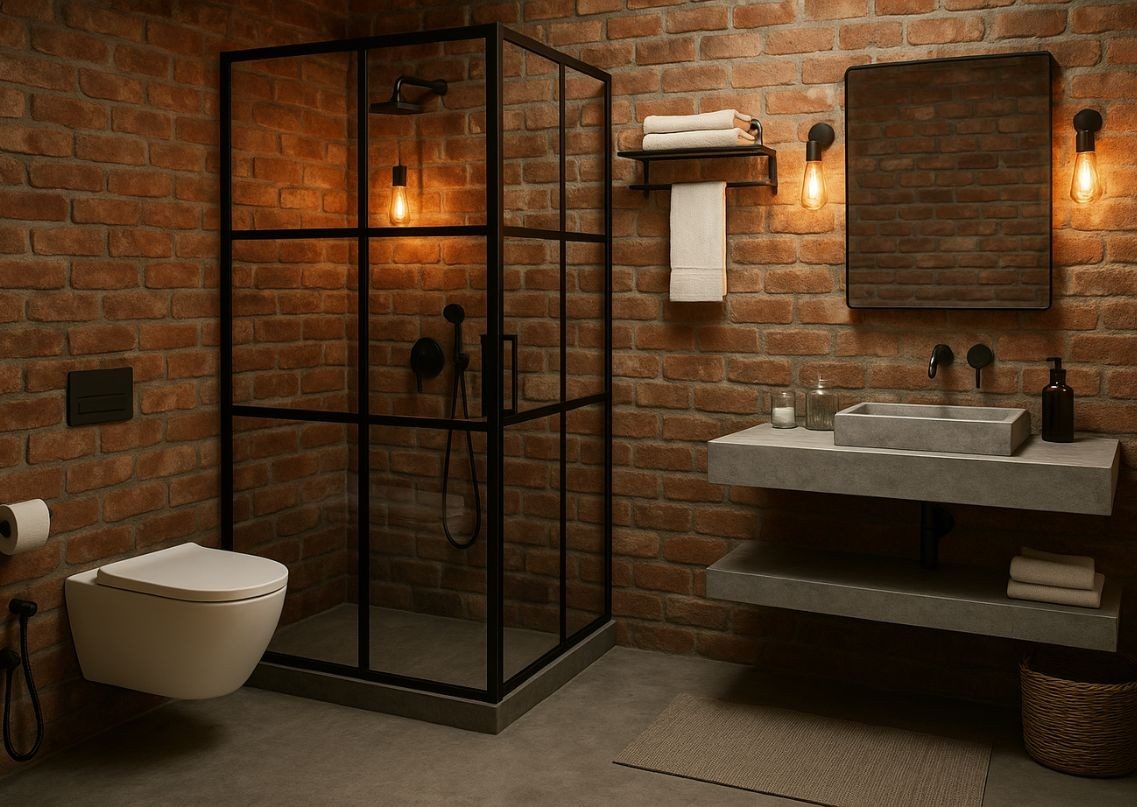 Bathroom with brick walls and black shower frame - Beautiful Homes