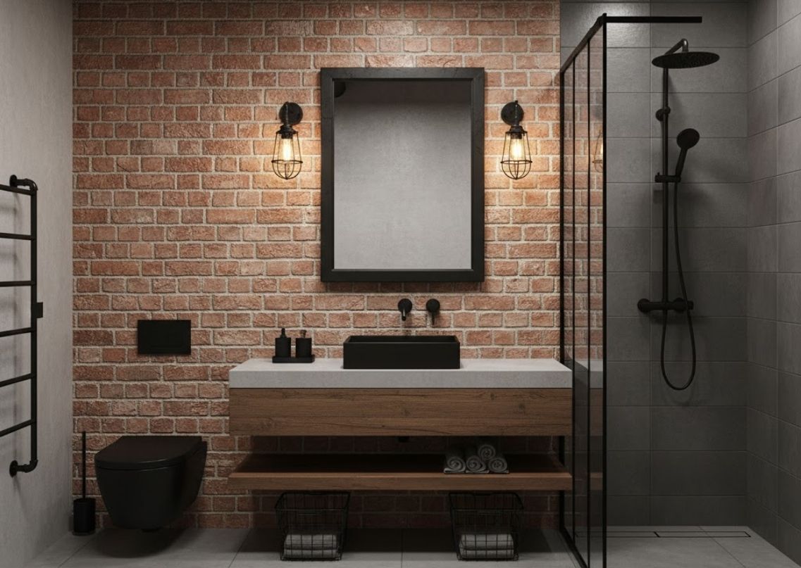 Modern bathroom with brick wall and glass shower - Beautiful Homes