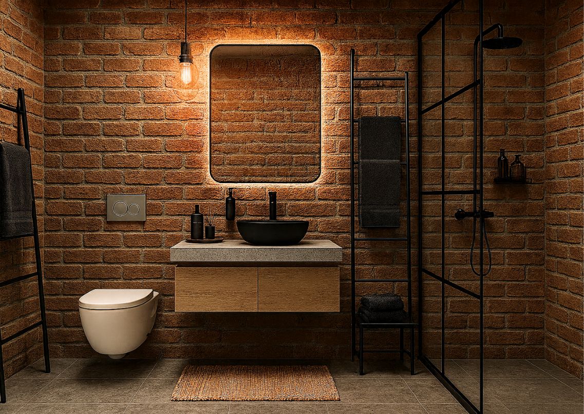 Modern industrial bathroom with brick walls and black accents - Beautiful Homes