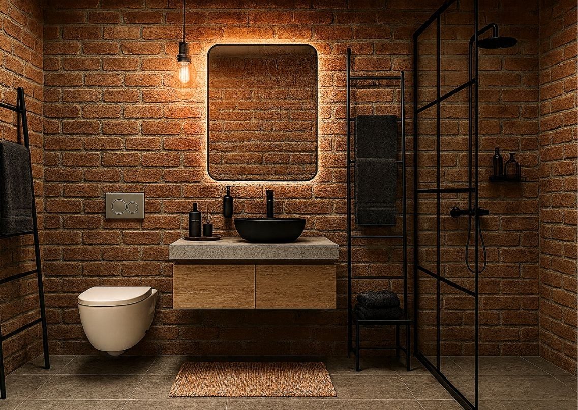 Modern industrial bathroom with brick walls and black accents - Beautiful Homes
