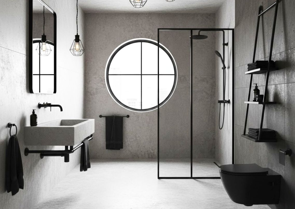 Modern bathroom with grey tiles and black fixtures - Beautiful Homes