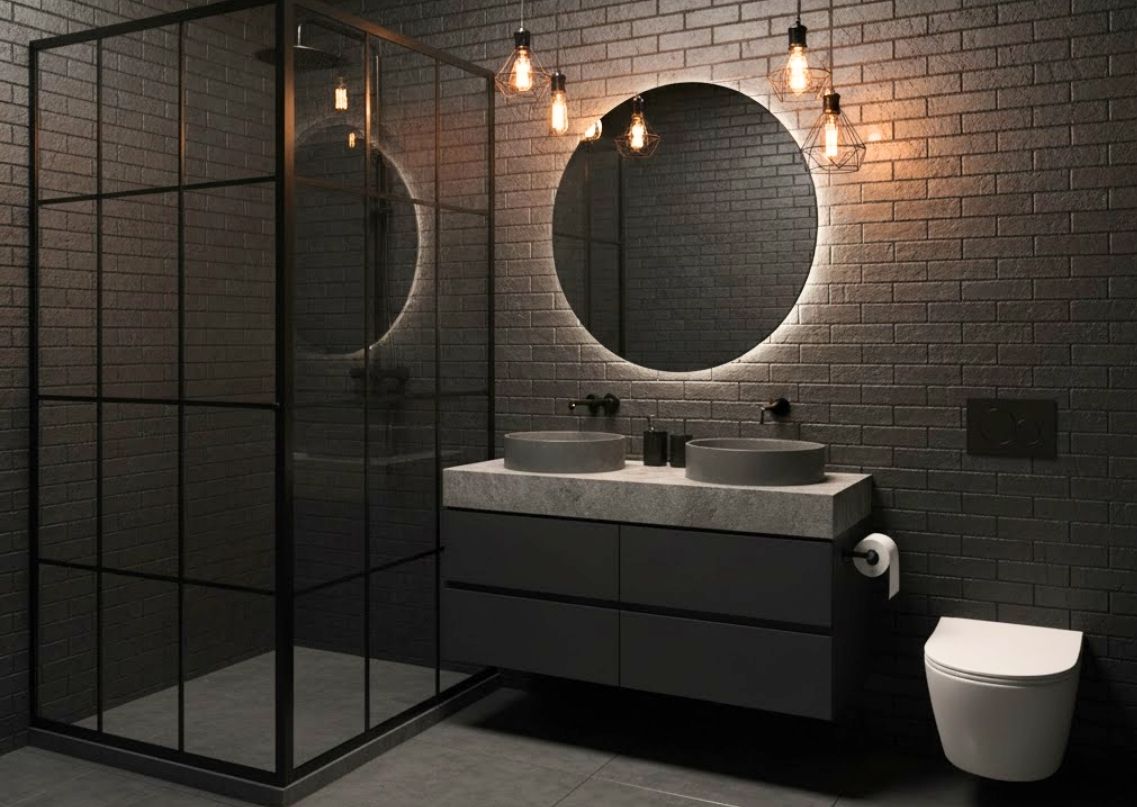 Modern bathroom with round mirror and glass shower - Beautiful Homes
