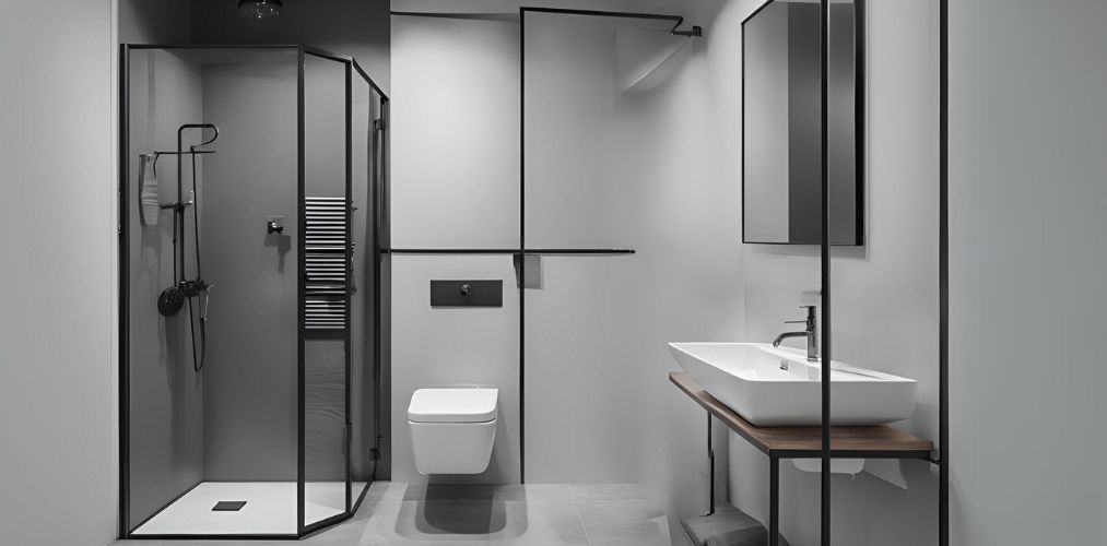 Industrial grey and black bathroom design with shower cubicle - Beautiful Homes