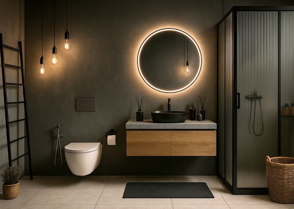 Modern bathroom with wooden vanity and black accents - Beautiful Homes