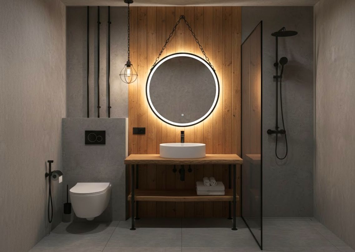 Modern bathroom with wooden panel and round LED mirror - Beautiful Homes