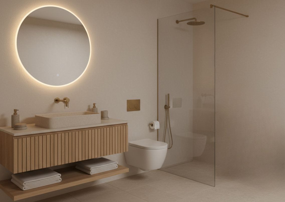 Japandi bathroom with beige limestone tiles and oak slated vanity - Beautiful Homes