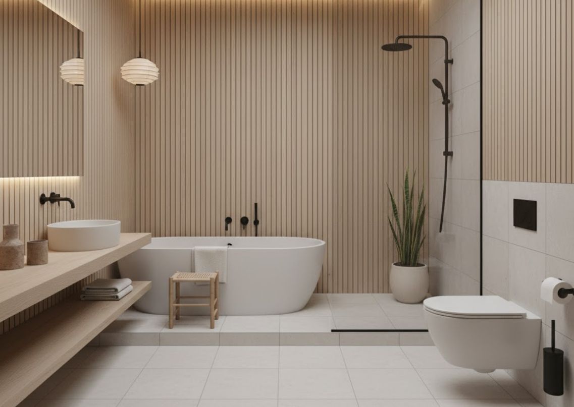 Bathroom with wooden panels and freestanding tub - Beautiful Homes