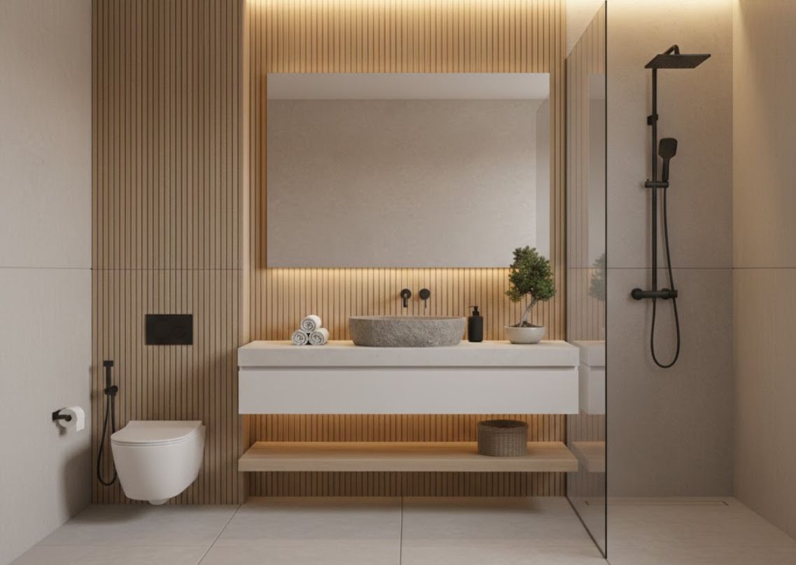 Modern bathroom with wooden panels and floating vanity - Beautiful Homes