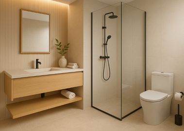 Modern bathroom with beige tiles and glass shower - Beautiful Homes