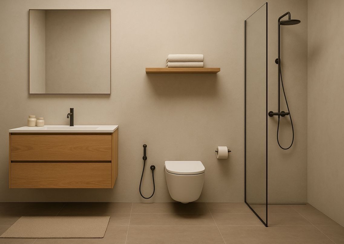 Modern beige bathroom with floating vanity - Beautiful Homes