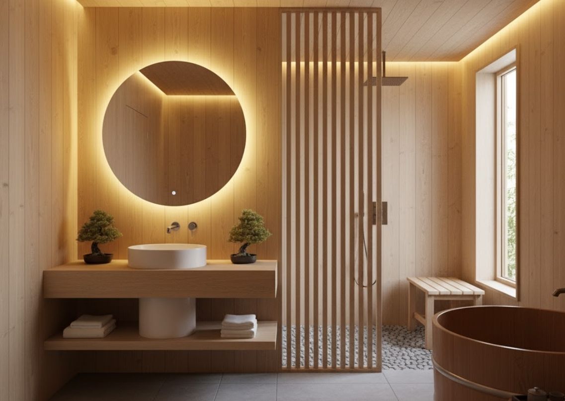 Bathroom with wooden vanity and black fixtures - Beautiful Homes