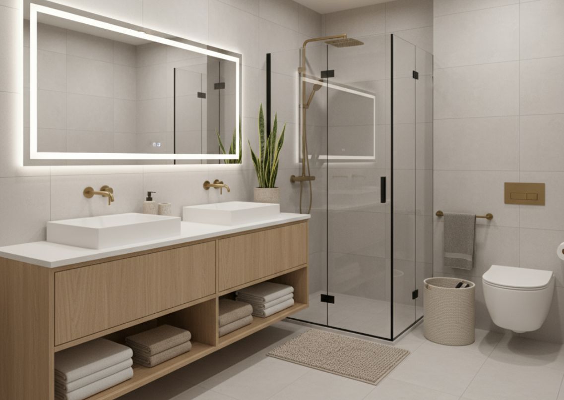 Modern bathroom with tub, skylight, and gold fixtures - Beautiful Homes