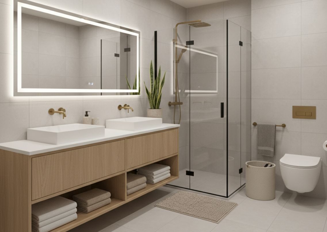 Modern bathroom with tub, skylight, and gold fixtures - Beautiful Homes