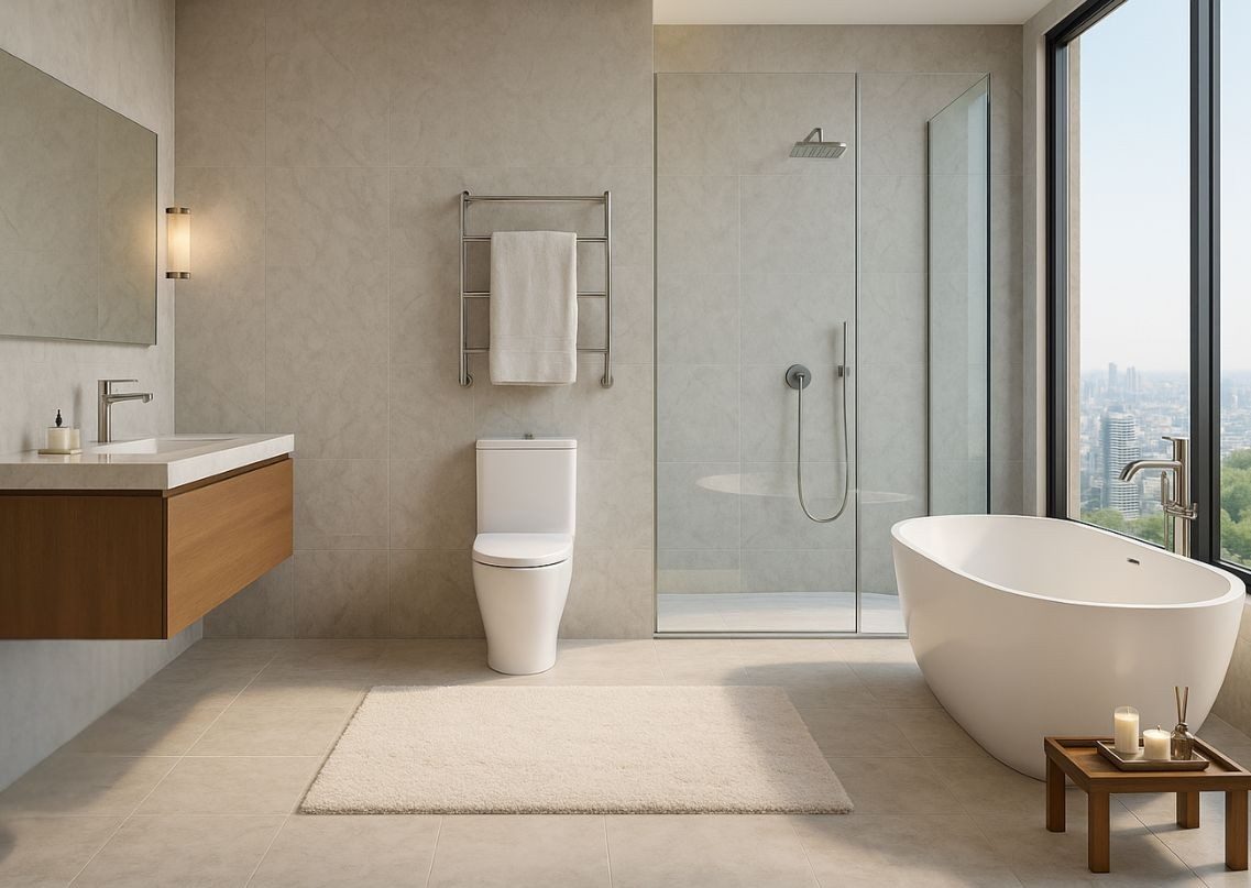 Modern bathroom with bathtub and neutral décor - Beautiful Homes