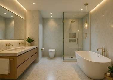Elegant bathroom with tub, shower, and marble tiles - Beautiful Homes