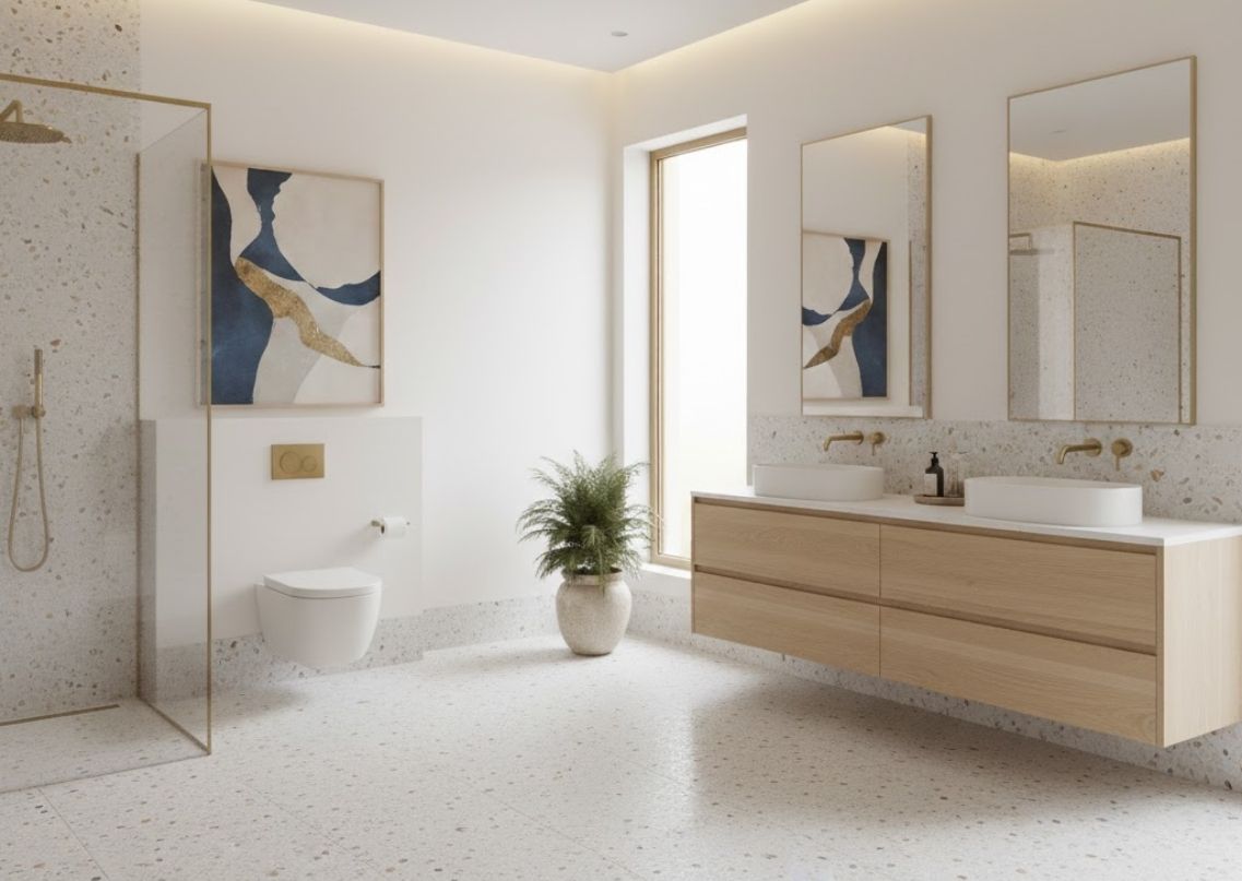 Minimalist bathroom with terrazzo tiles and gold accents - Beautiful Homes