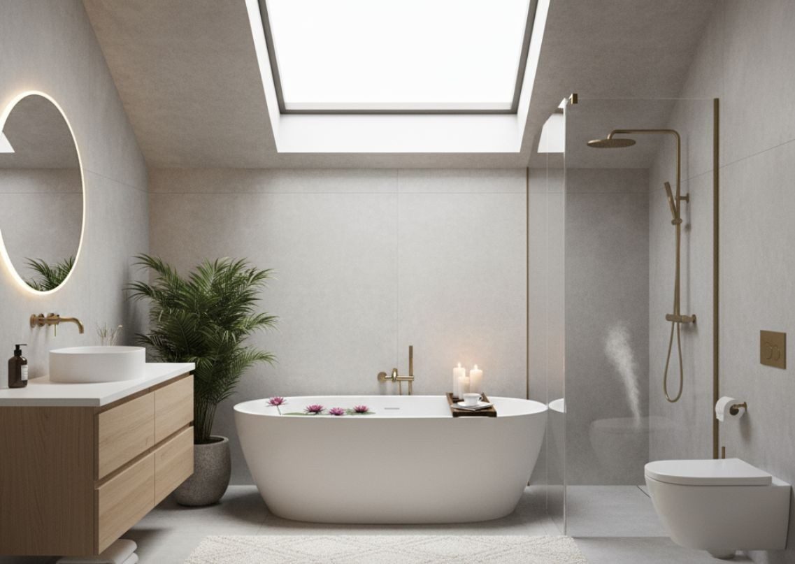 Minimalist bathroom with glass shower and gold fittings - Beautiful Homes