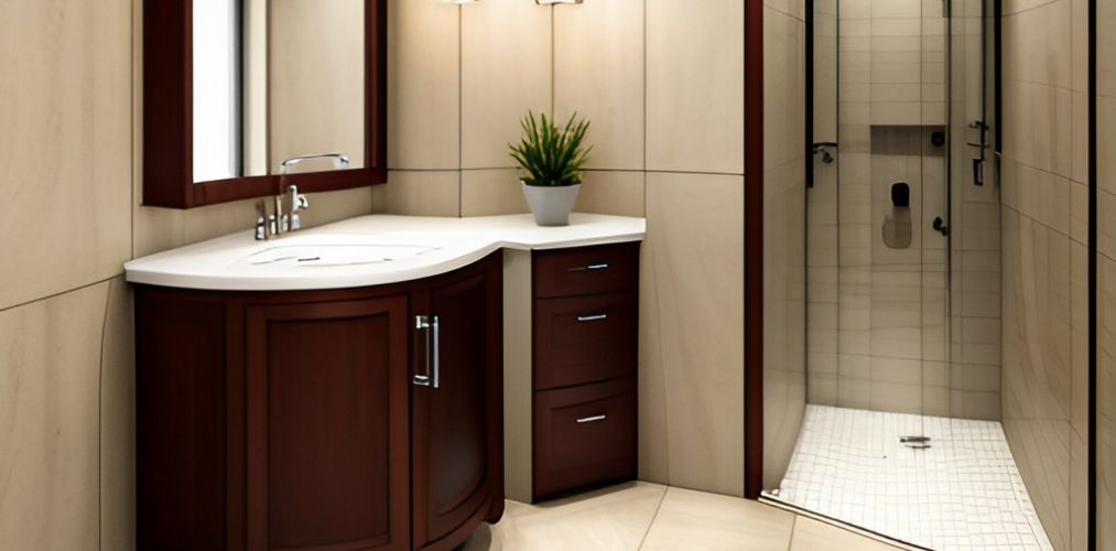 Latest bathroom design with corner basin and basin cabinet-Beautiful Homes