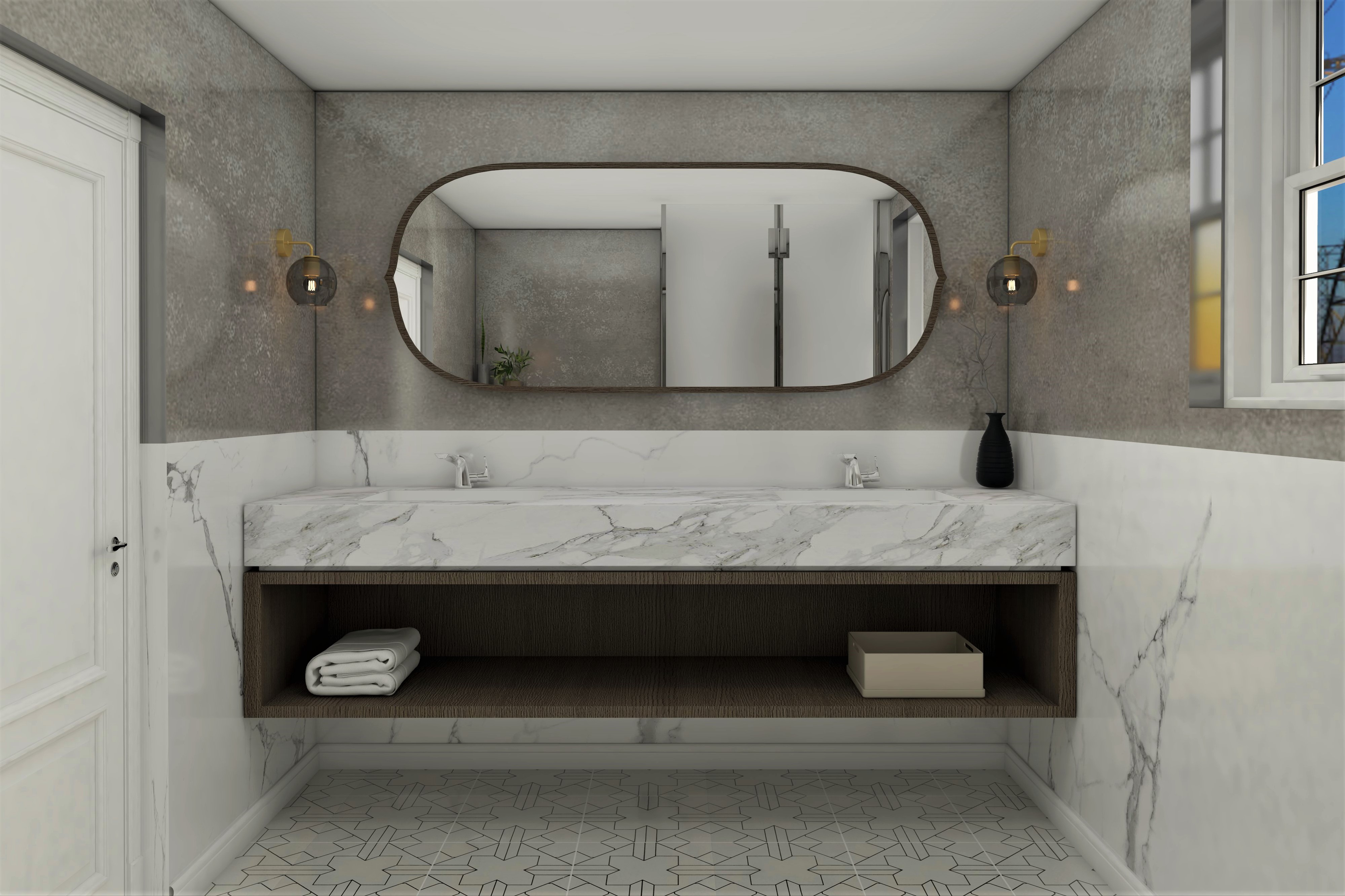Latest bathroom design with marble wash basin and wooden open vanity-Beautiful Homes