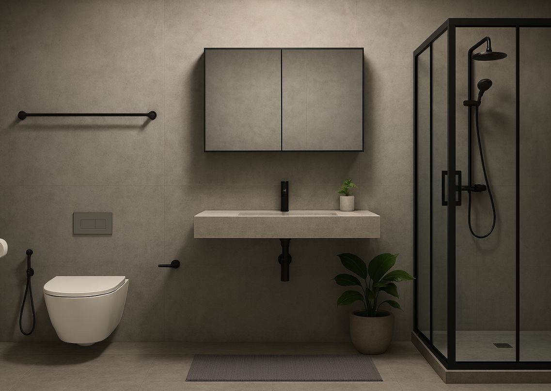 Modern bathroom with sleek design and grey tiles - Beautiful Homes