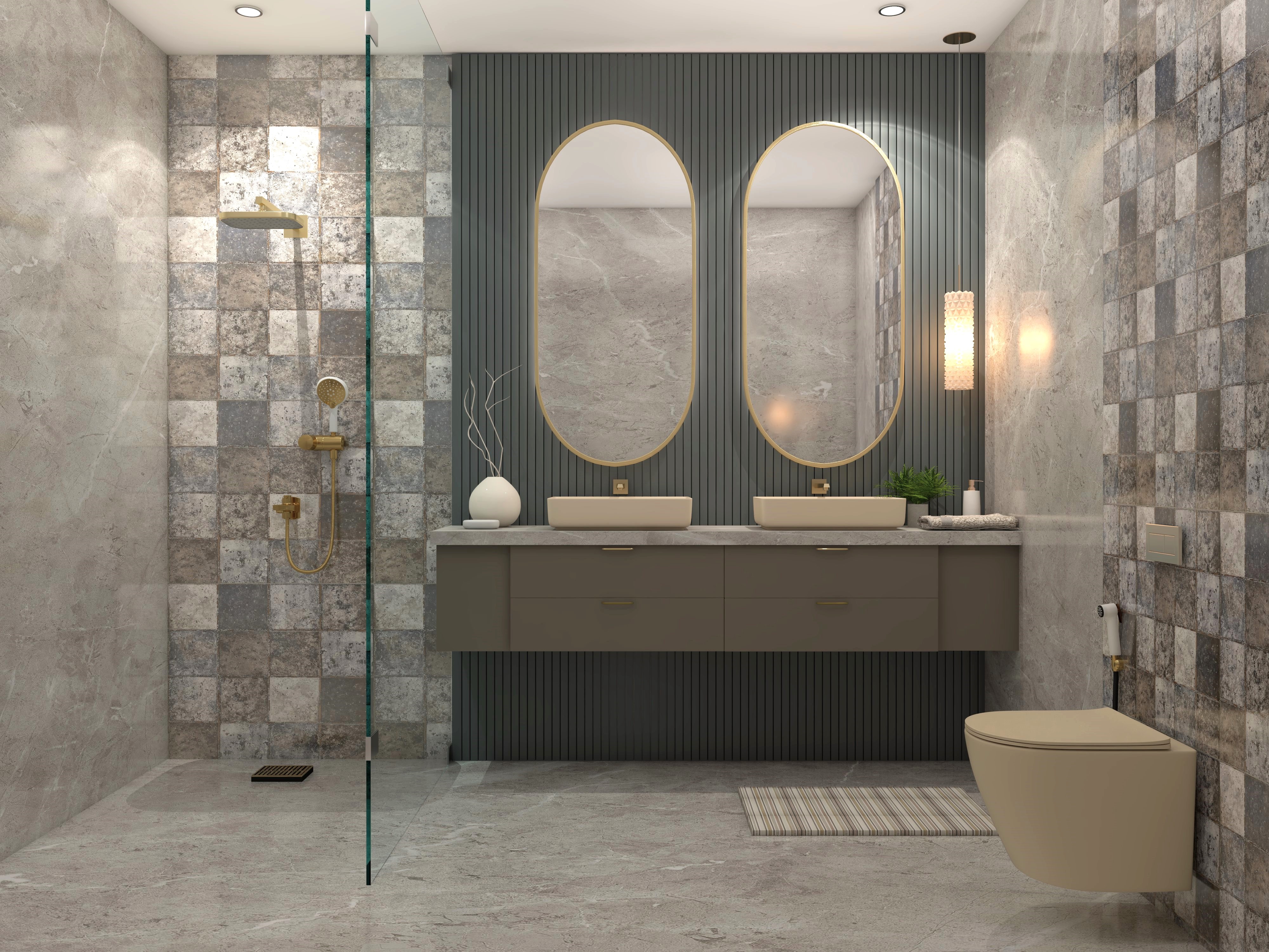 Luxurious vanity unit with Asian Paints ceramic tiles and bath fixtures - Beautiful Homes