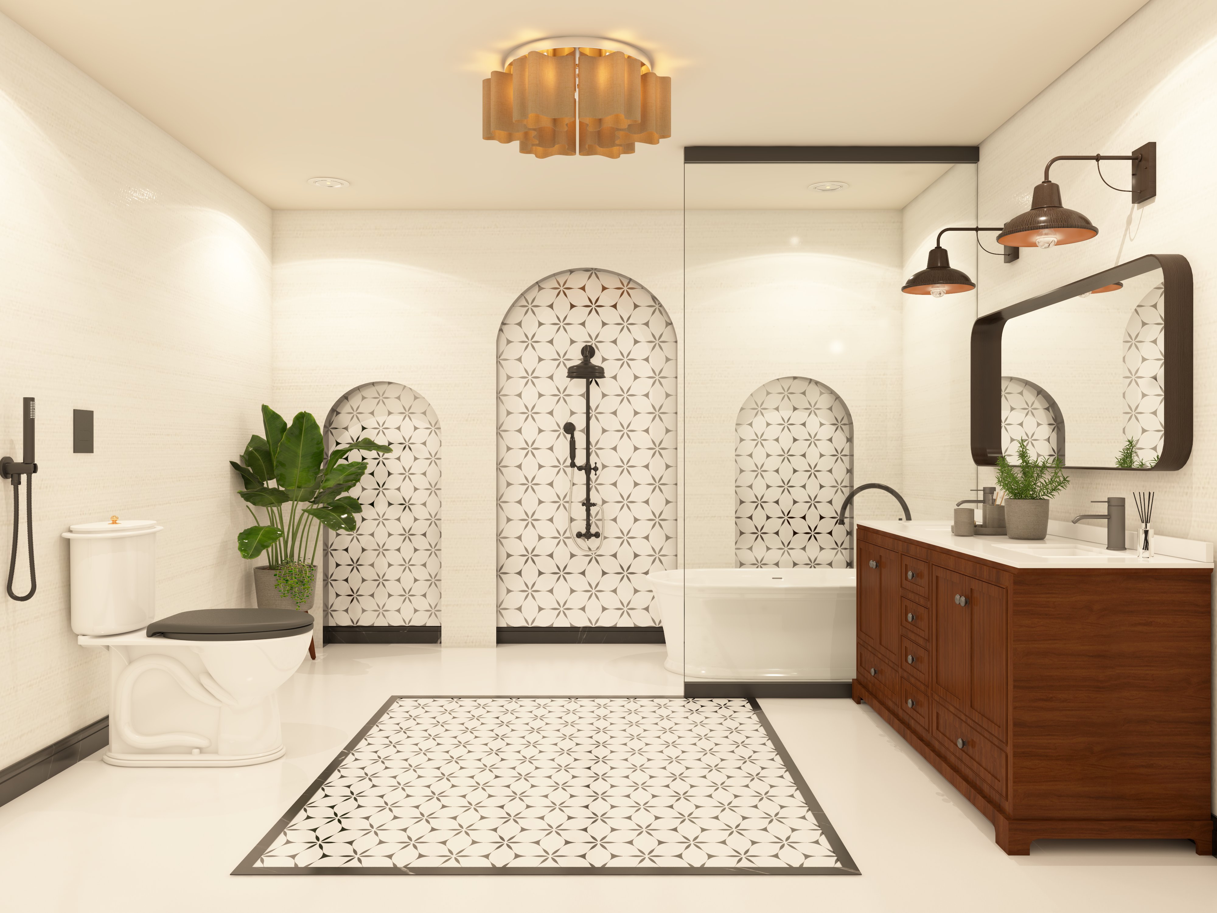 Luxurious White Bathroom with Asian Paints Wall Tiles and Arched Niches - Beautiful Homes